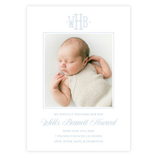 Blue Monogram Birth Announcement