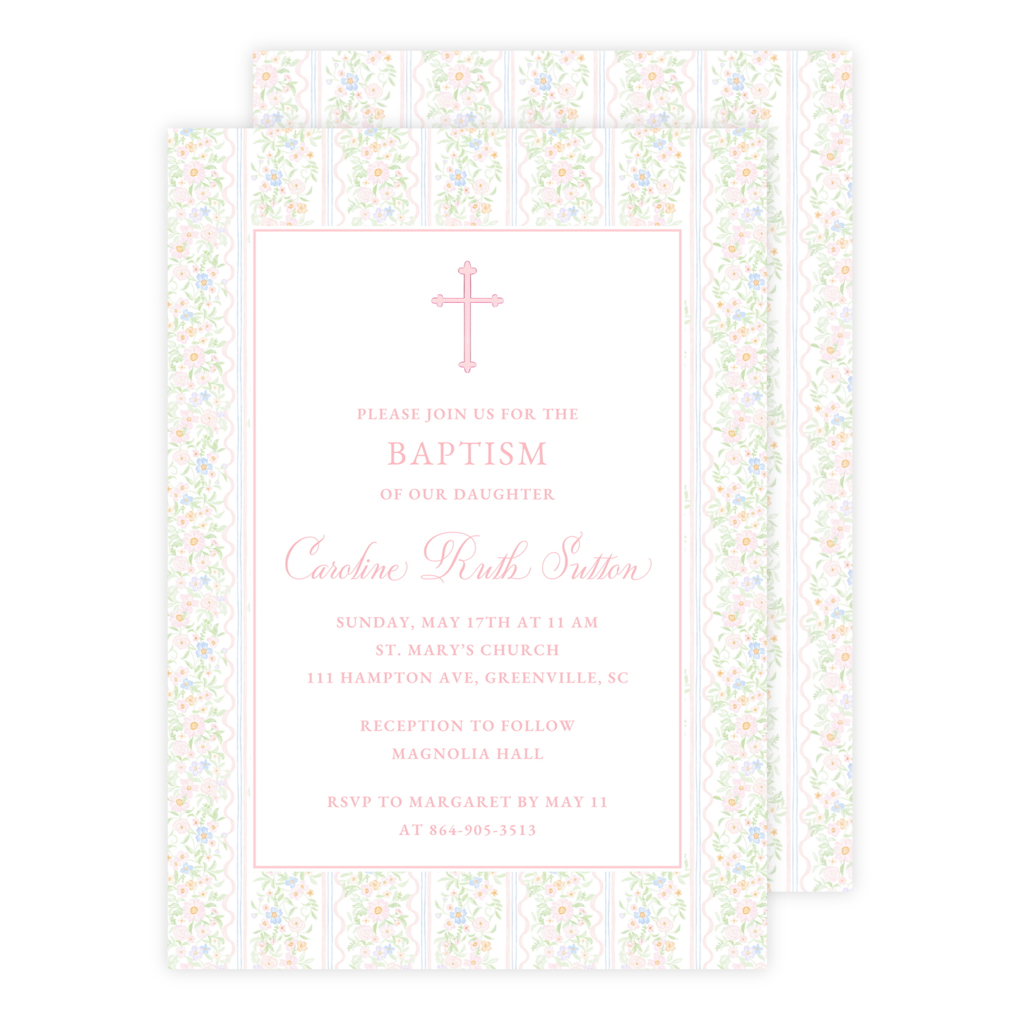 Pink Floral Baptism Invitation