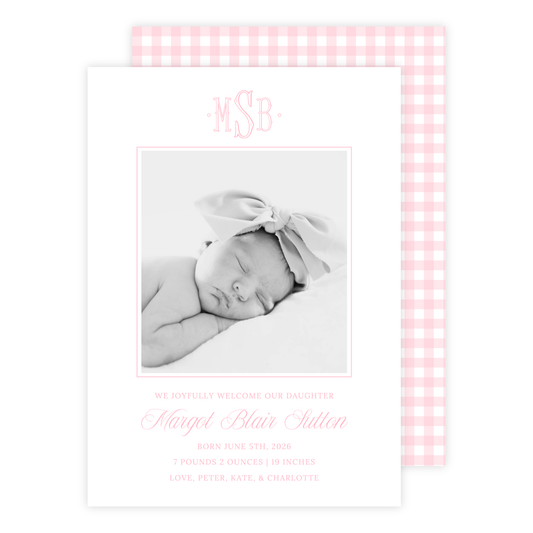 Pink Monogram Birth Announcement