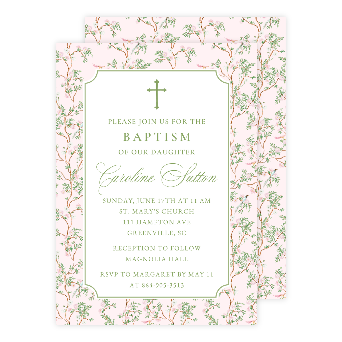 Pink Chinoiserie Baptism Invitation