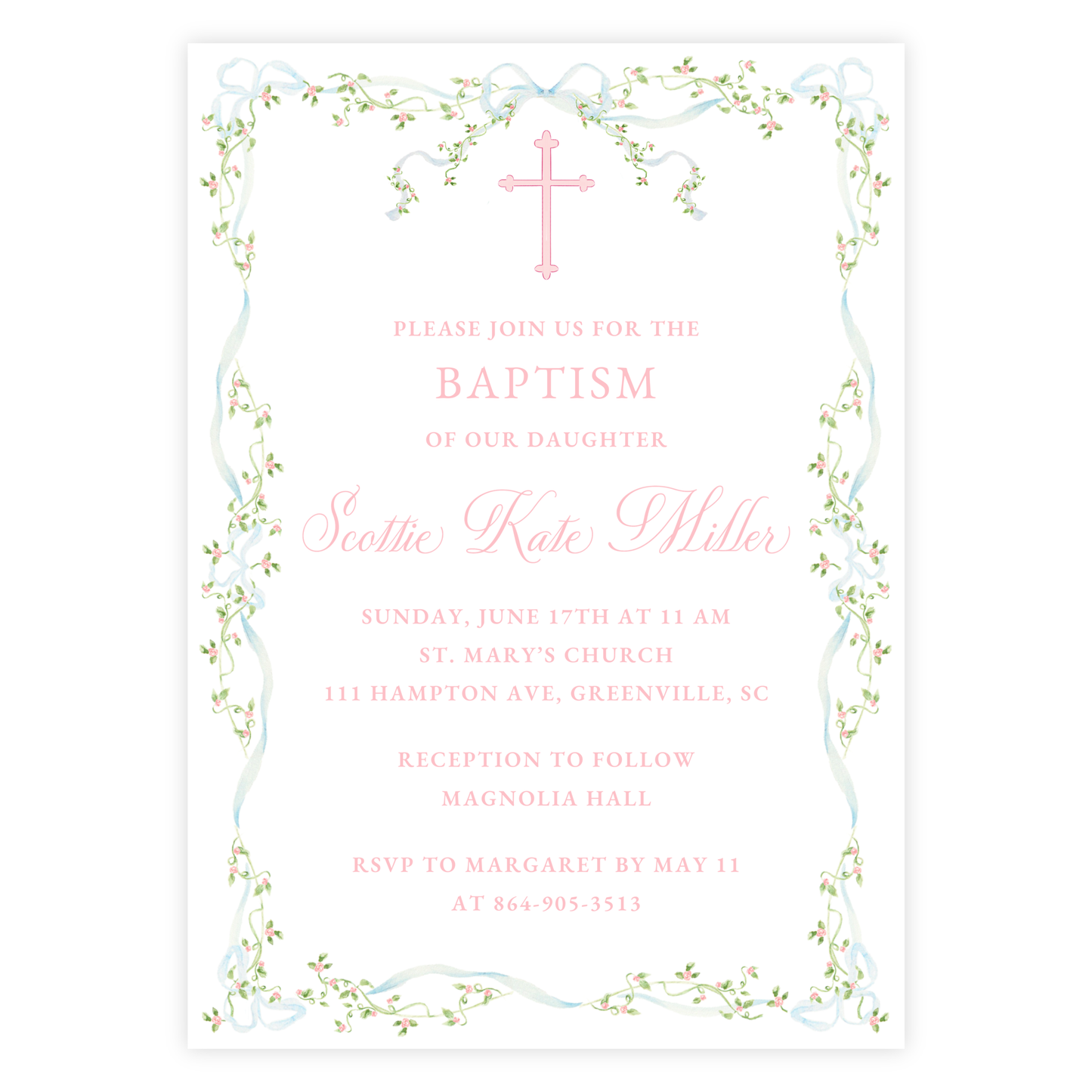 Floral Ribbon Baptism Invitation
