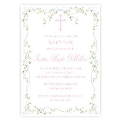 Floral Ribbon Baptism Invitation
