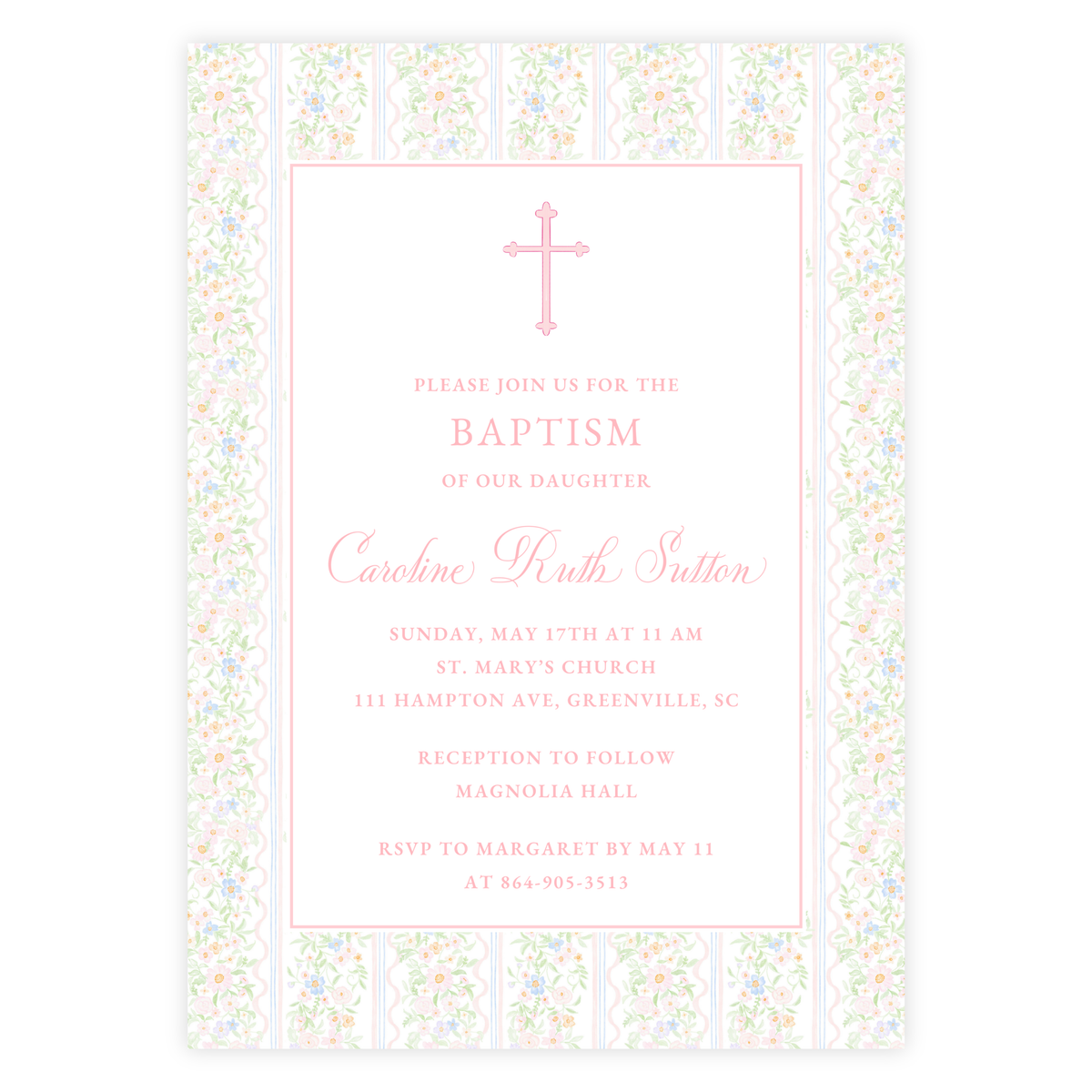 Pink Floral Baptism Invitation