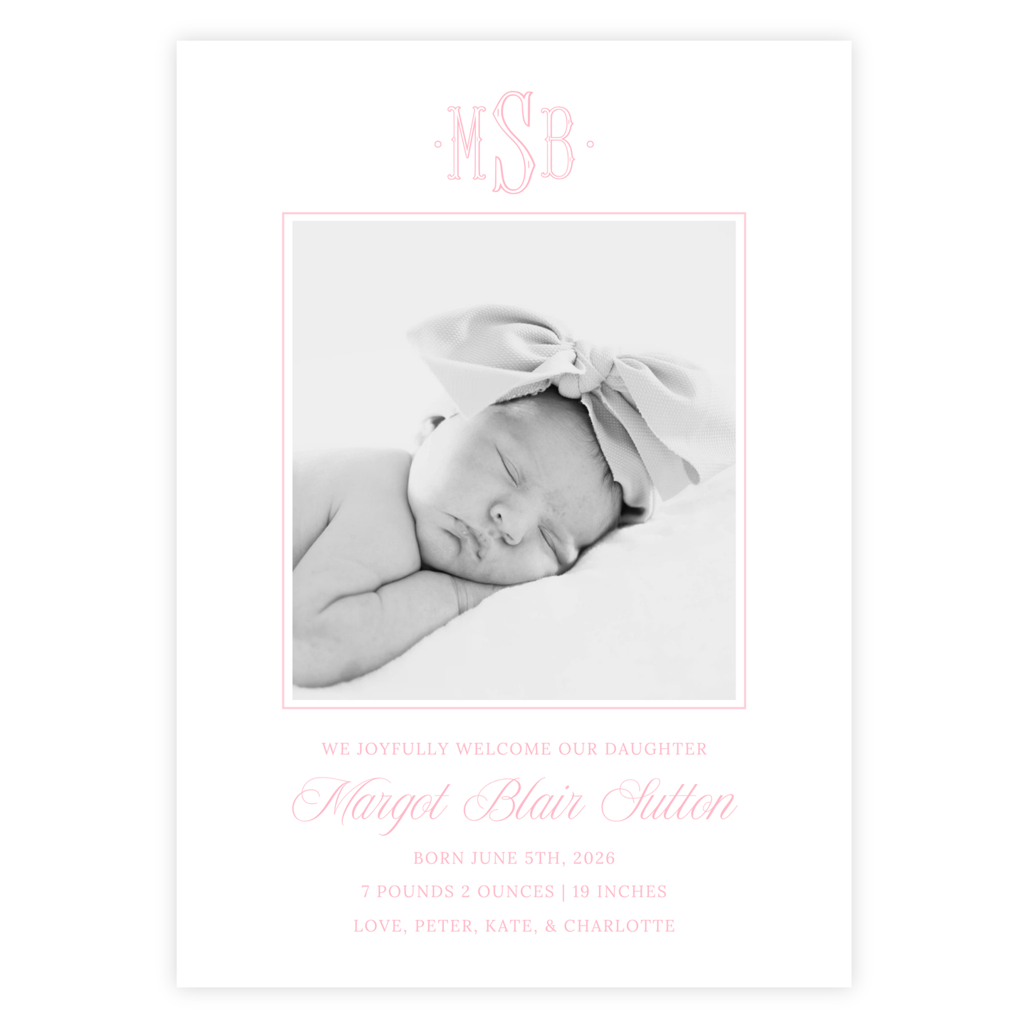 Pink Monogram Birth Announcement
