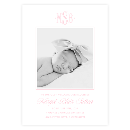 Pink Monogram Birth Announcement
