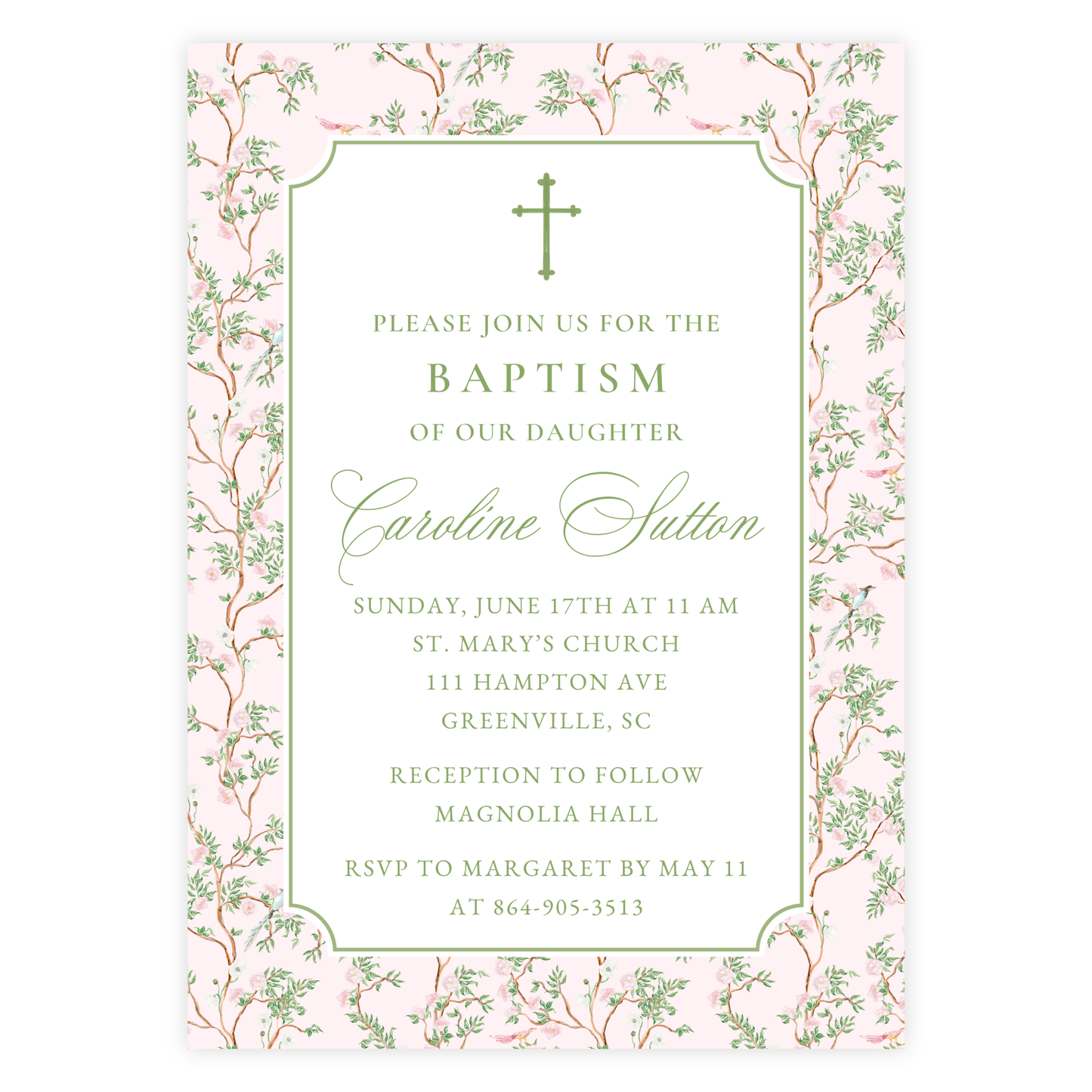 Pink Chinoiserie Baptism Invitation